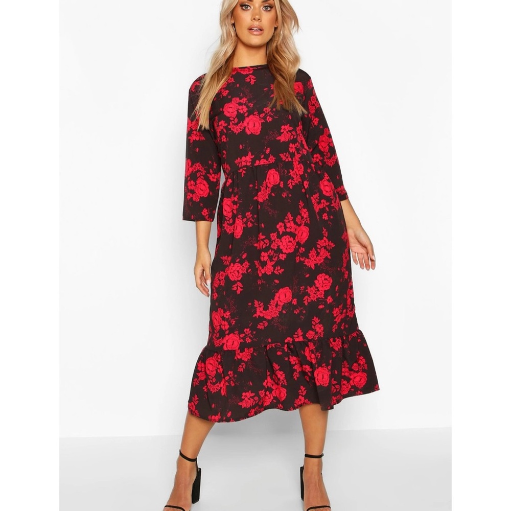 Boohoo Floral Rose Ruffle Hem Midi Dress